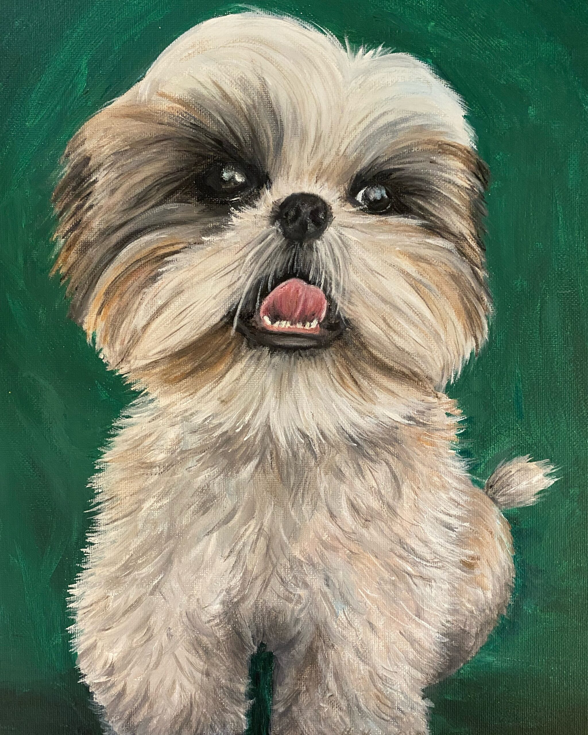An acrylic painting of a fluffy small dog.