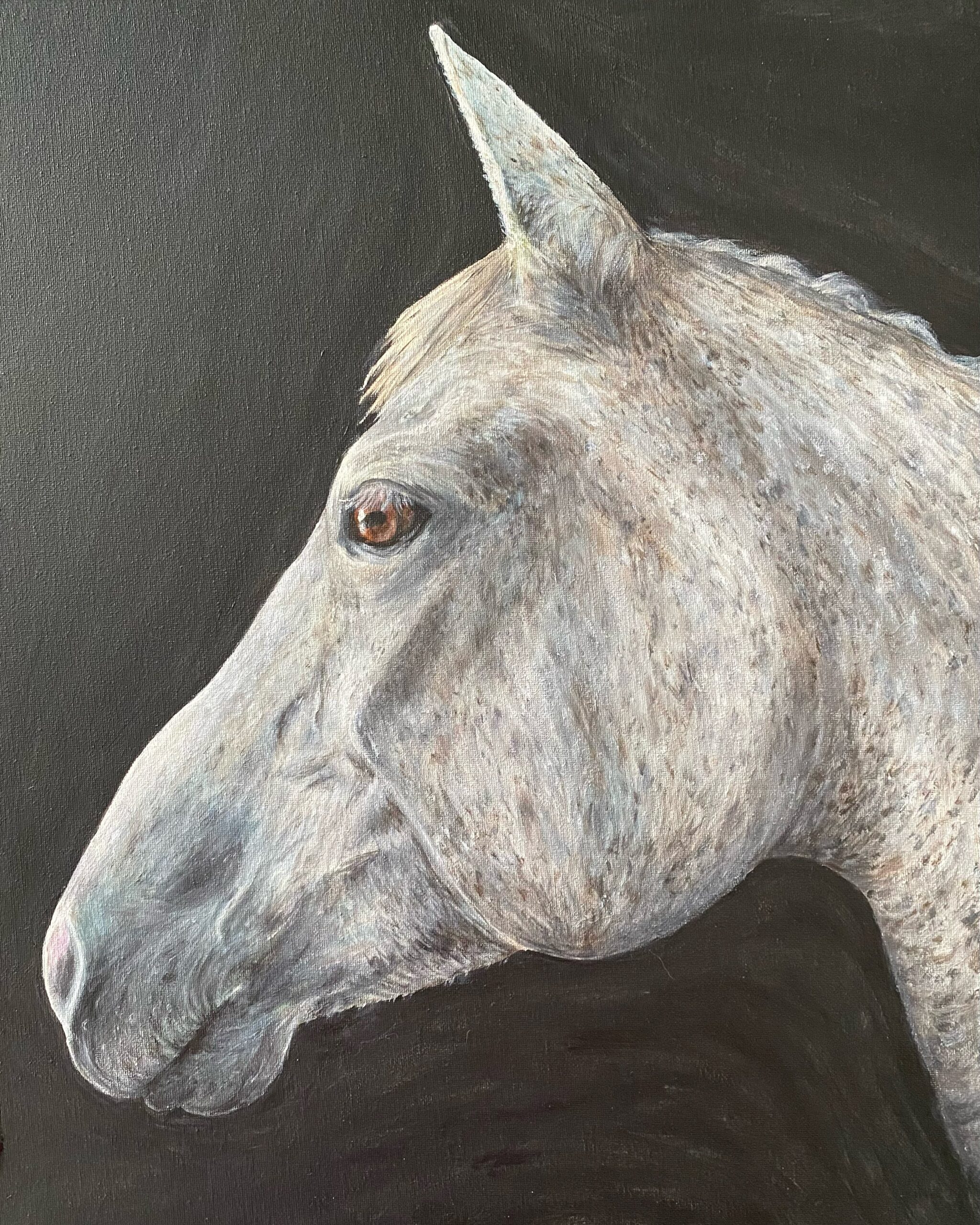 An acrylic painting of a white horse's head.