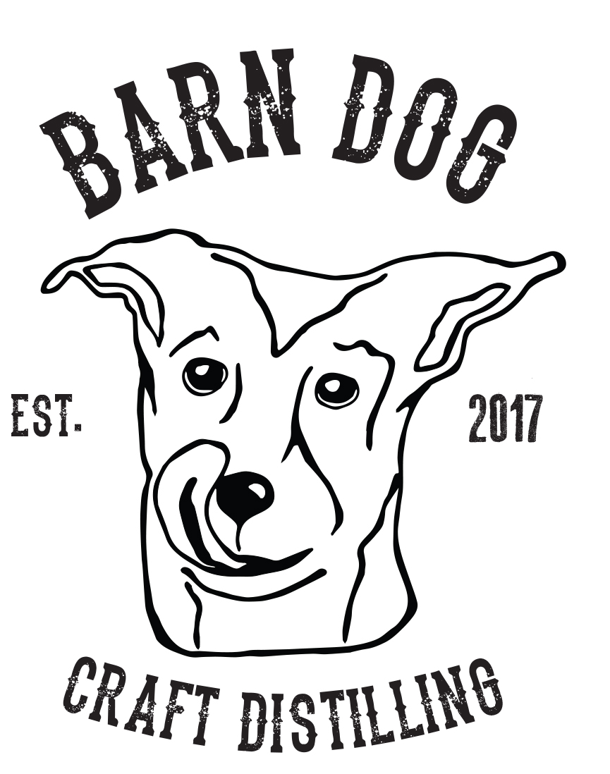 A black and white line drawing of a dog reads "Barn Dog Craft Distilling"