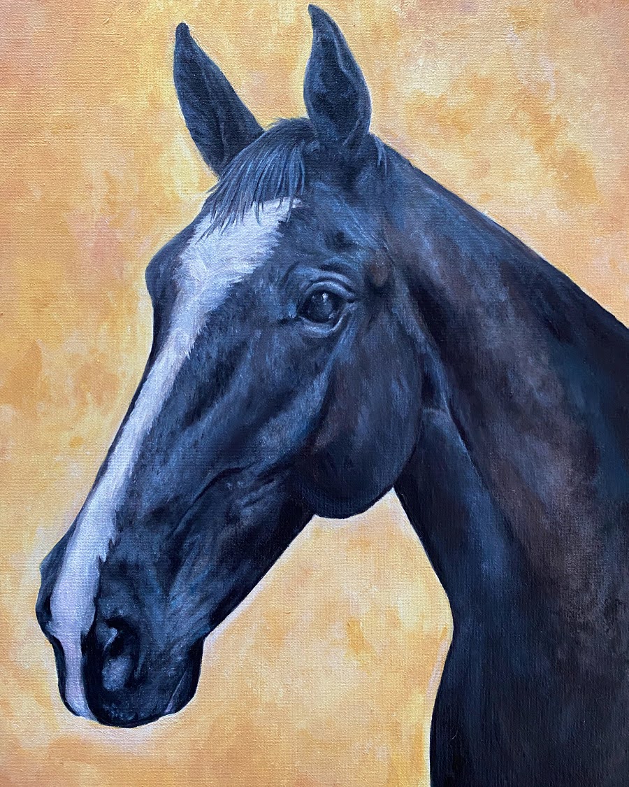 An acrylic painting of a black horse with a white stripe on its nose.