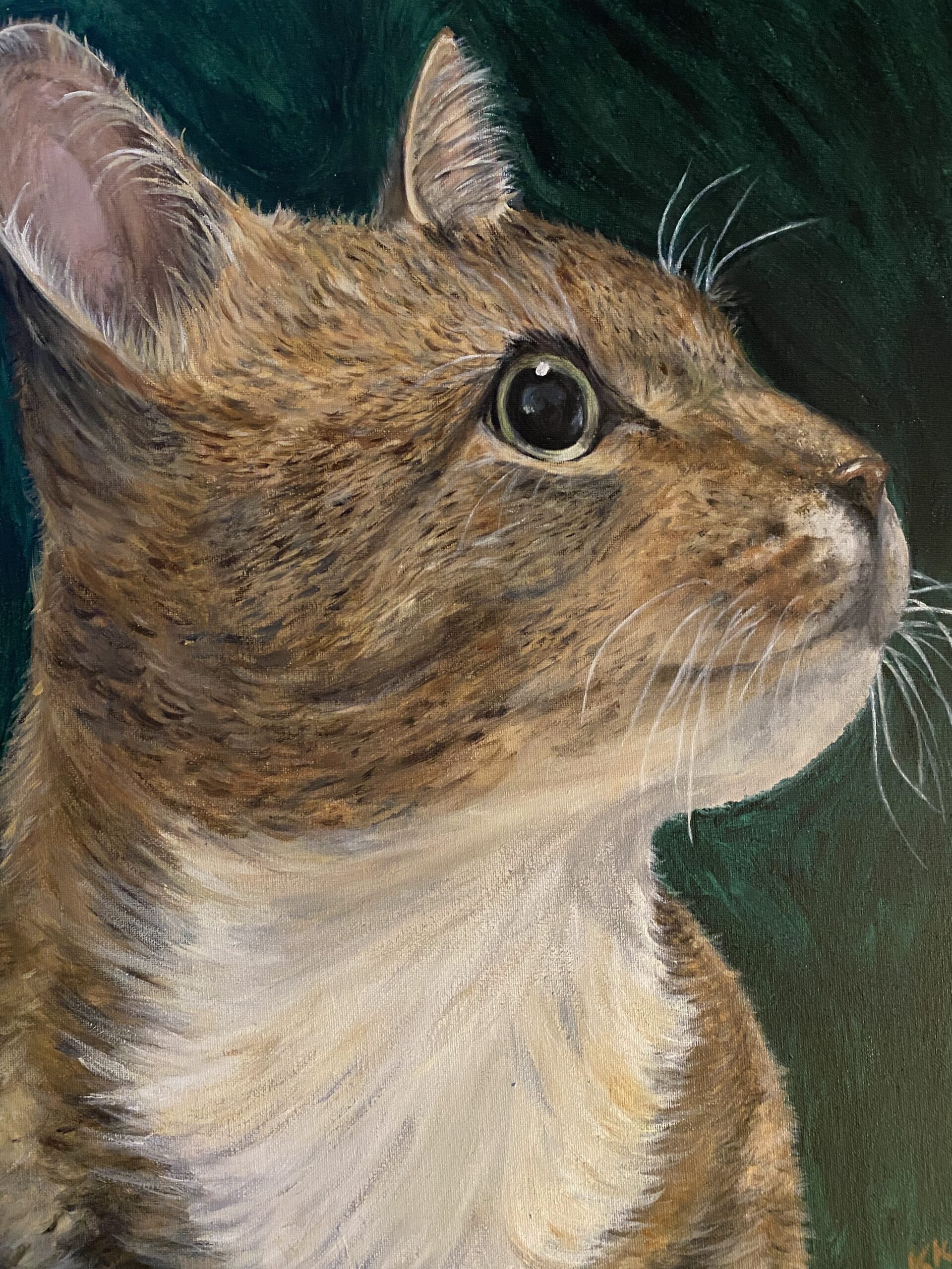 An acrylic painting of a brown cat with a white fluffy neck.