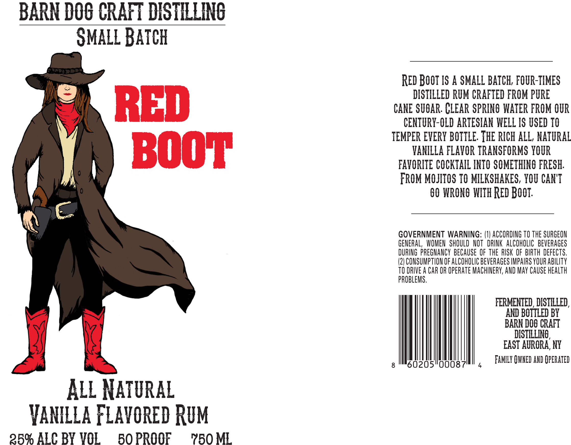 A label for a bottle of Red Boot rum features a cowgirl illustration